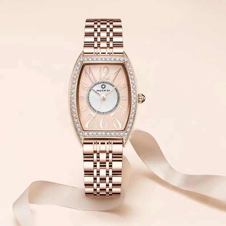 MOTMOT时尚女士玫瑰金酒桶形石英女表百搭气质钢带手表