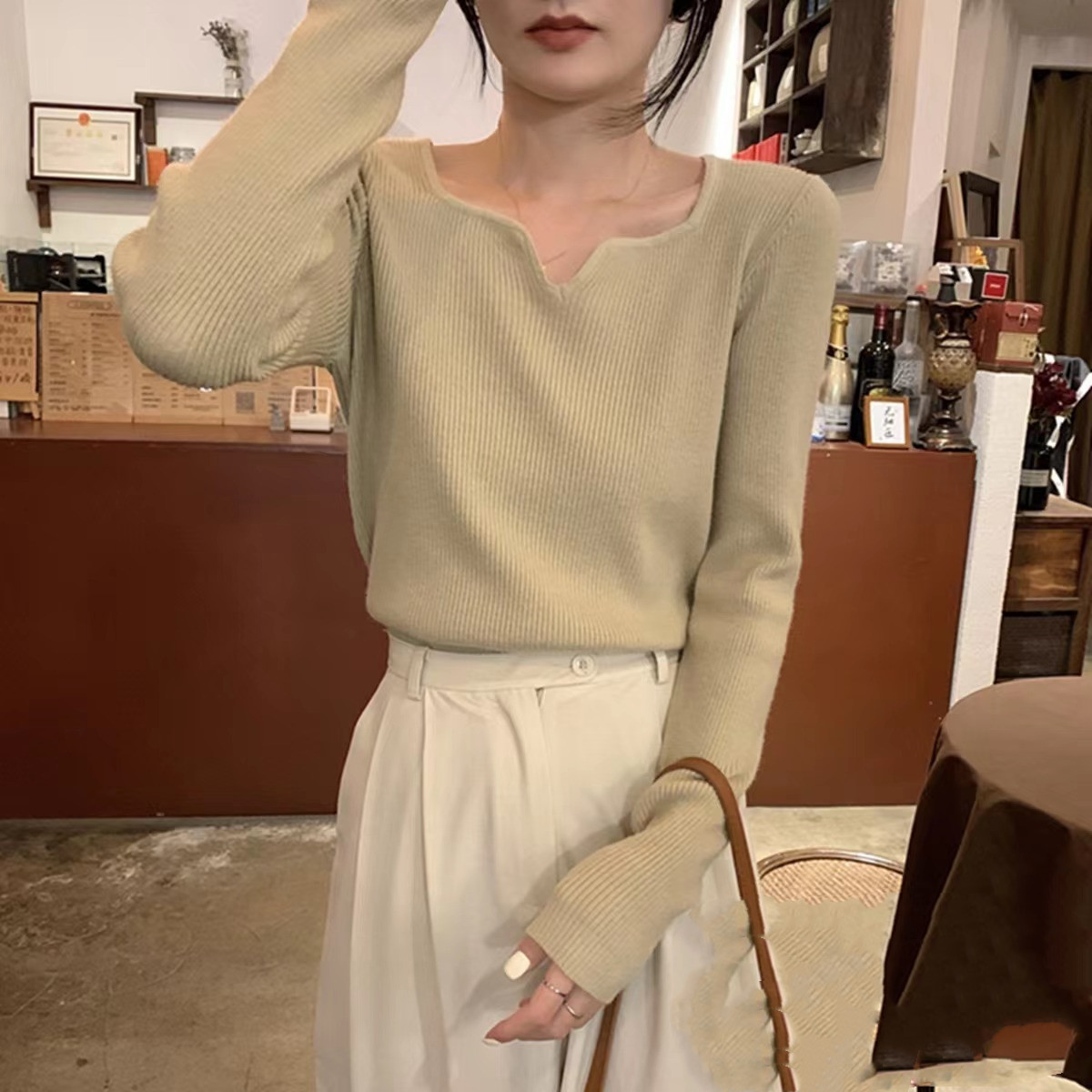 5586#春季新款韩版海鸥领针织衫百搭长袖内搭打底衫女毛衣上衣