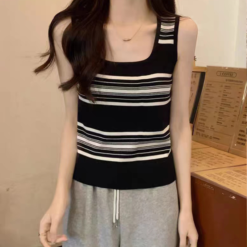 5870#撞色条纹方领修身吊带背心女夏季内搭针织辣妹无袖工字上衣