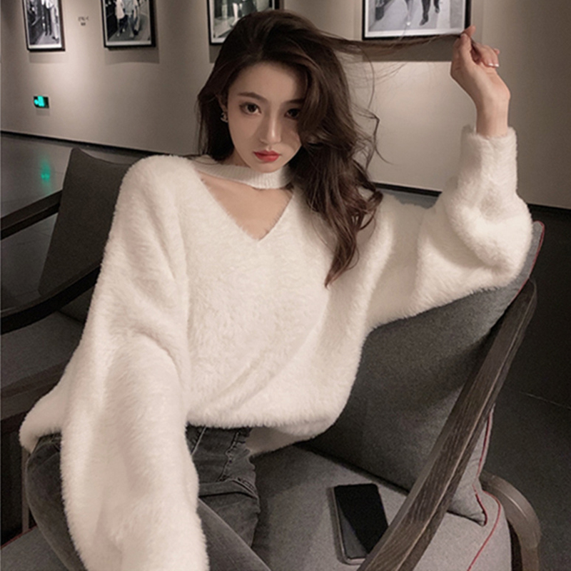 挂脖V领水貂绒毛衣女加厚秋冬宽松马海毛针织衫上衣女长袖冬季