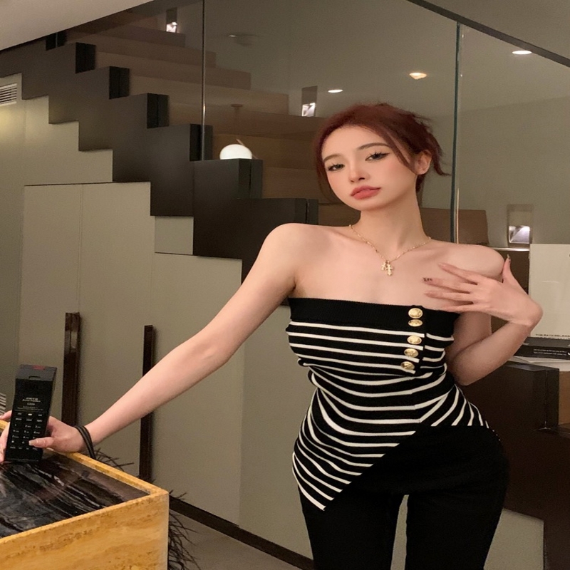 甜辣妹一字肩无袖针织打底衫开叉性感条纹内搭抹胸毛衣上衣通勤