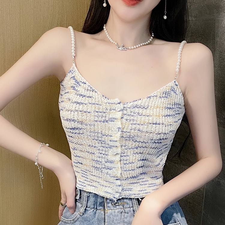 6145#珍珠小吊带新款复古法式彩色背心小众别致外穿短款v领上衣