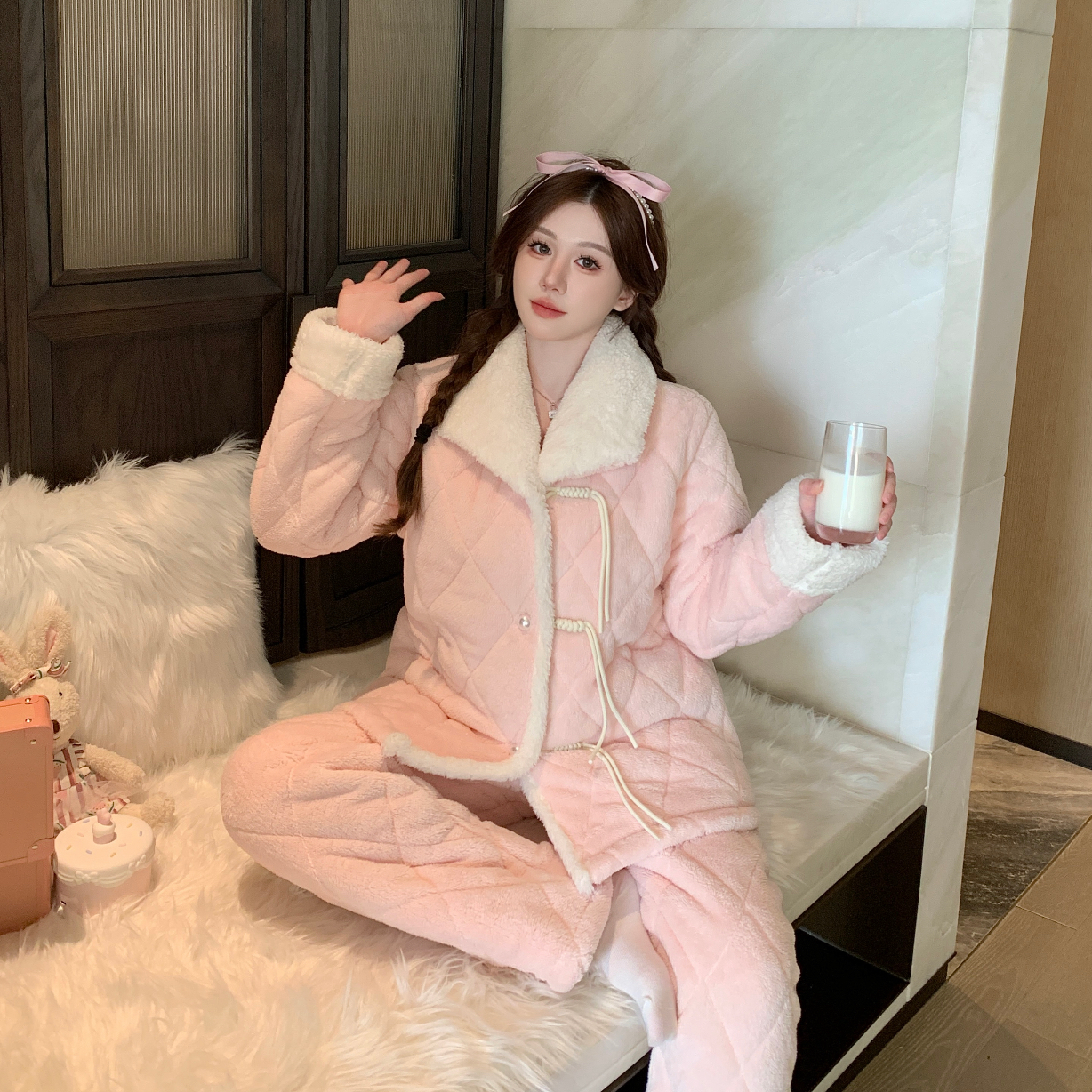 豆豆【玉珠帘】夹棉厚绒冬款家居服显白可外穿睡衣套装女保暖