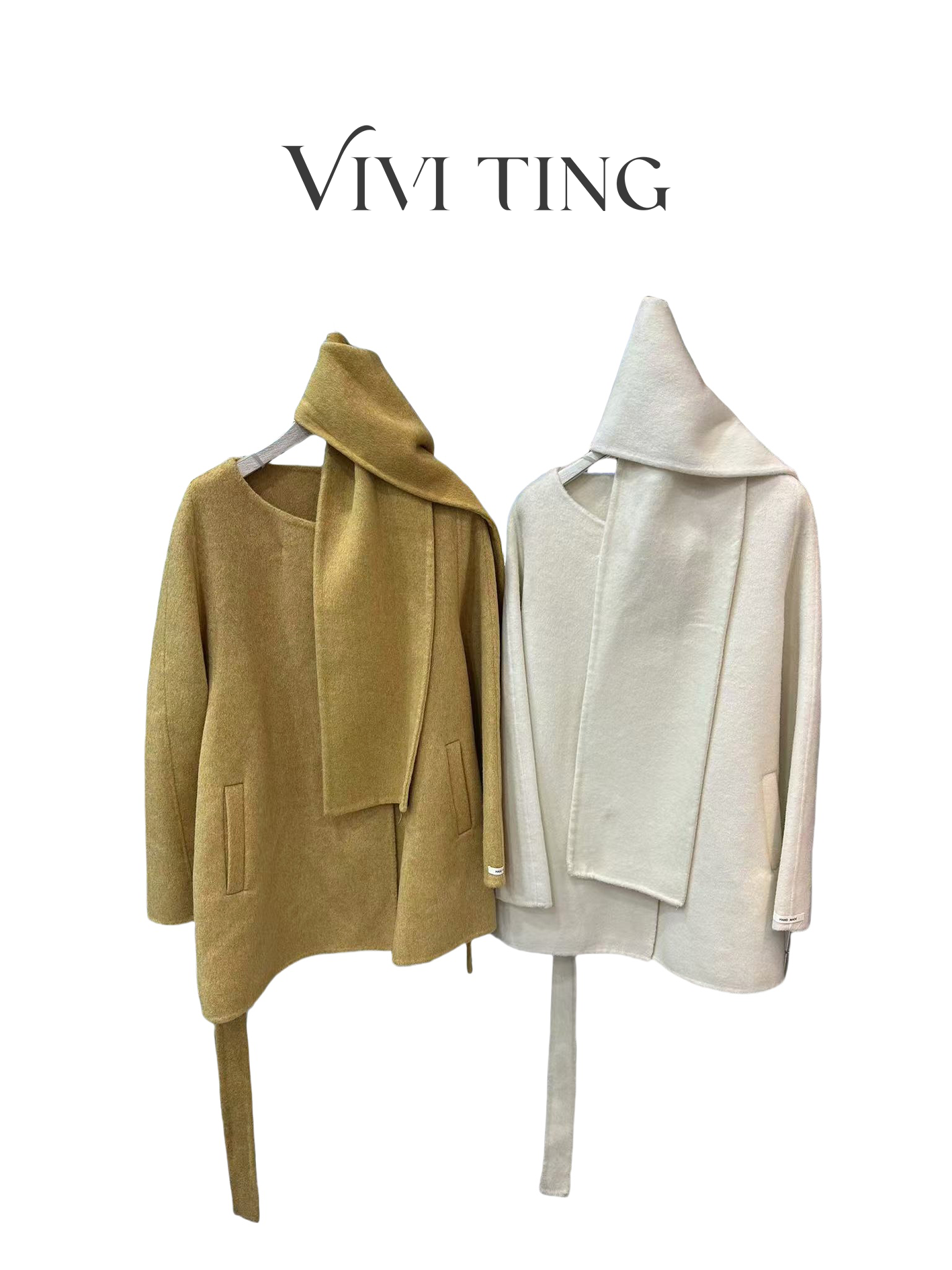 【VIVI·TING】婷姐推荐秋冬时尚纯色腰绑带斜扣围巾中长款大衣F479 