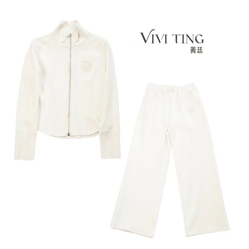 【VIVI·TING】婷姐推荐秋冬季前拉链刺绣花朵设计纯色休闲套装F248