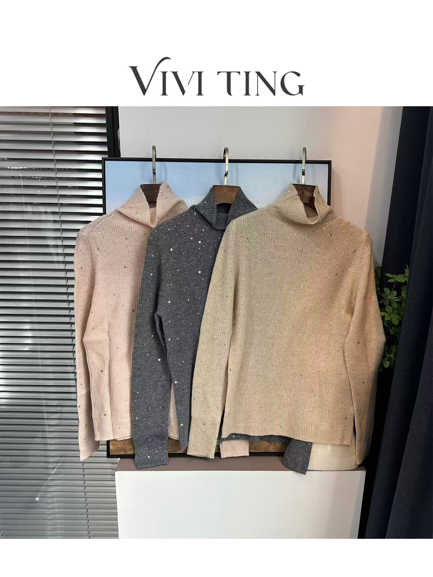 【VIVI·TING】婷姐推荐秋冬法式竖条纹满天星烫钻高领长袖毛衣F370