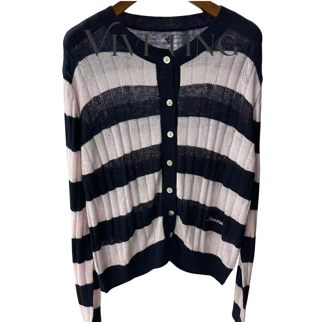 【VIVI·TING】婷姐推荐早秋复古温柔风粉条纹撞色单排扣羊毛衫F232