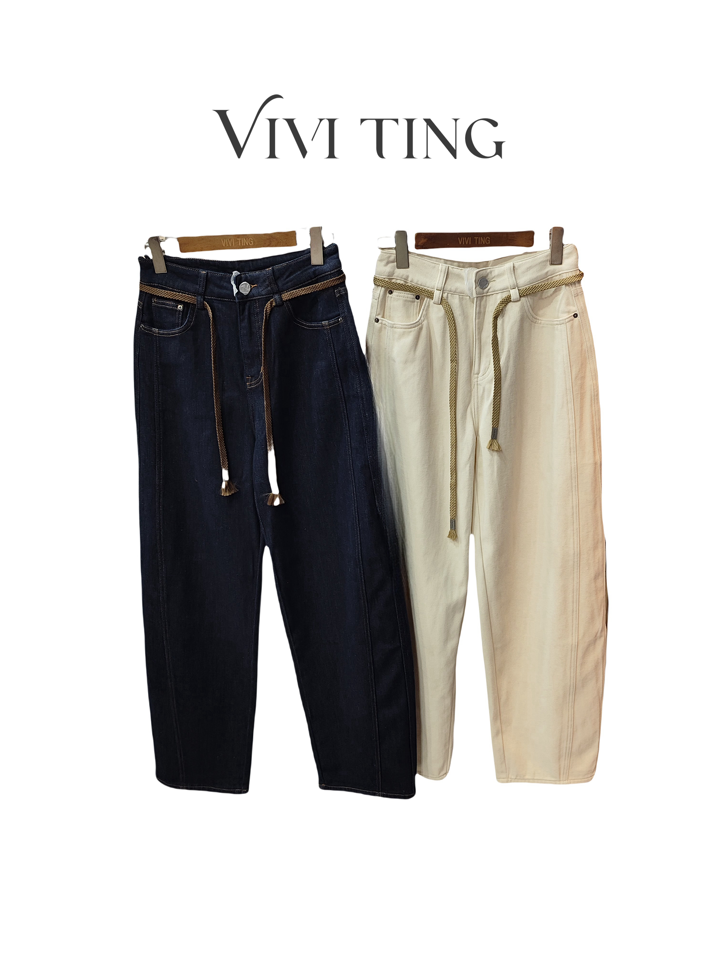 【VIVI·TING】婷姐推荐秋冬时尚设计感腰绑带一粒扣抽绳牛仔裤F119