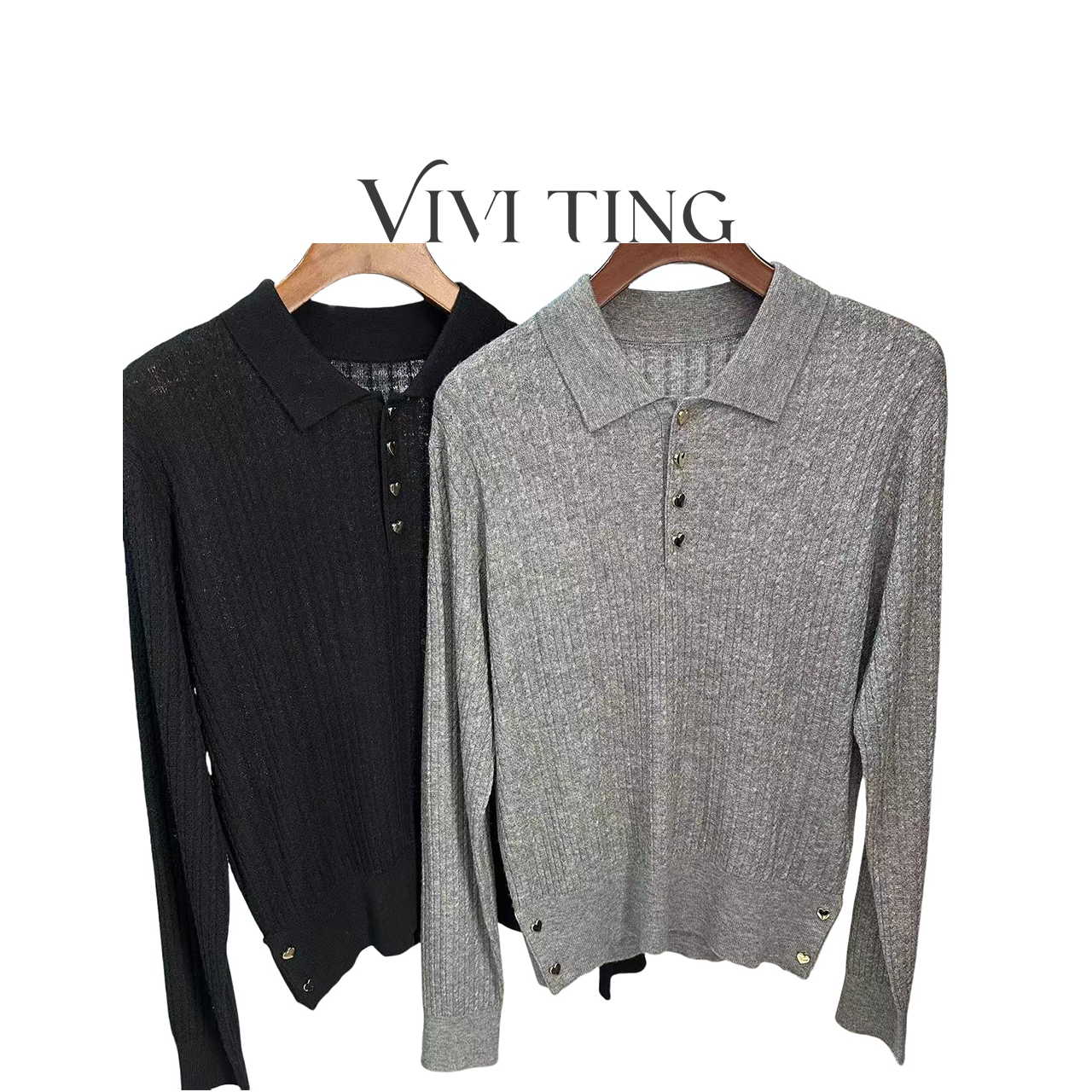 【VIVI·TING】婷姐推荐高级感时尚简约polo领爱心扣针织衫s214