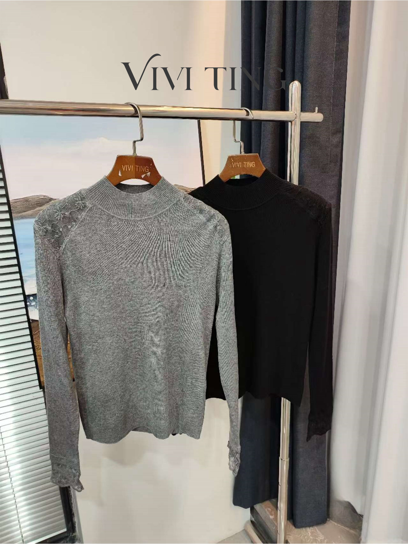 【VIVI·TING】婷姐推荐秋冬法式浪漫蕾丝拼接袖纯色针织上衣F380