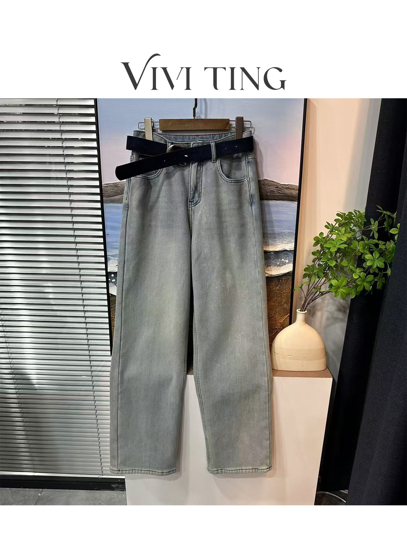 【VIVI·TING】婷姐推荐秋冬季加绒藏蓝色腰带直筒浅蓝色牛仔裤F519