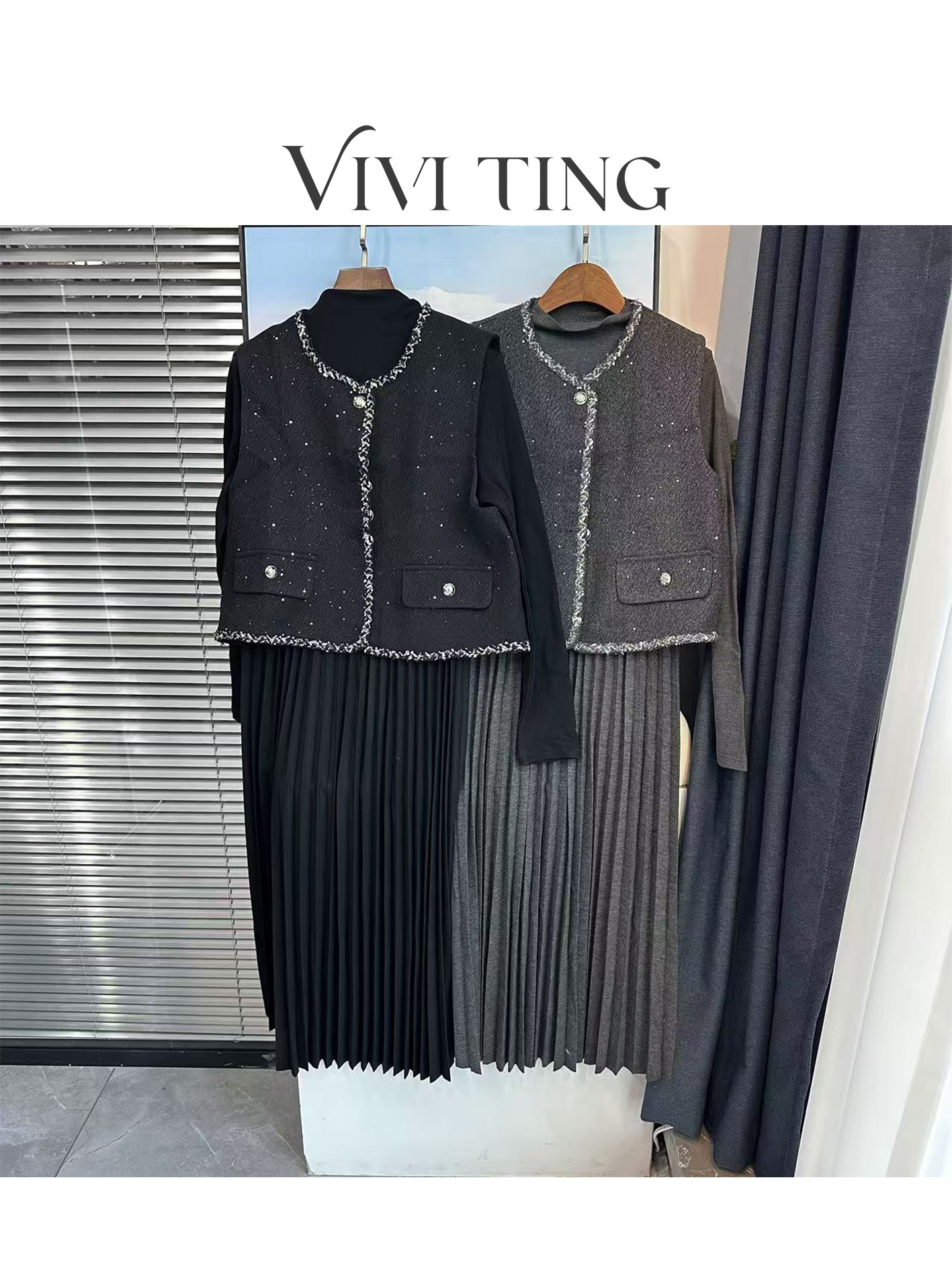 【VIVI·TING】婷姐推荐秋冬小香风马甲亮丝细闪连衣裙两件套装s350