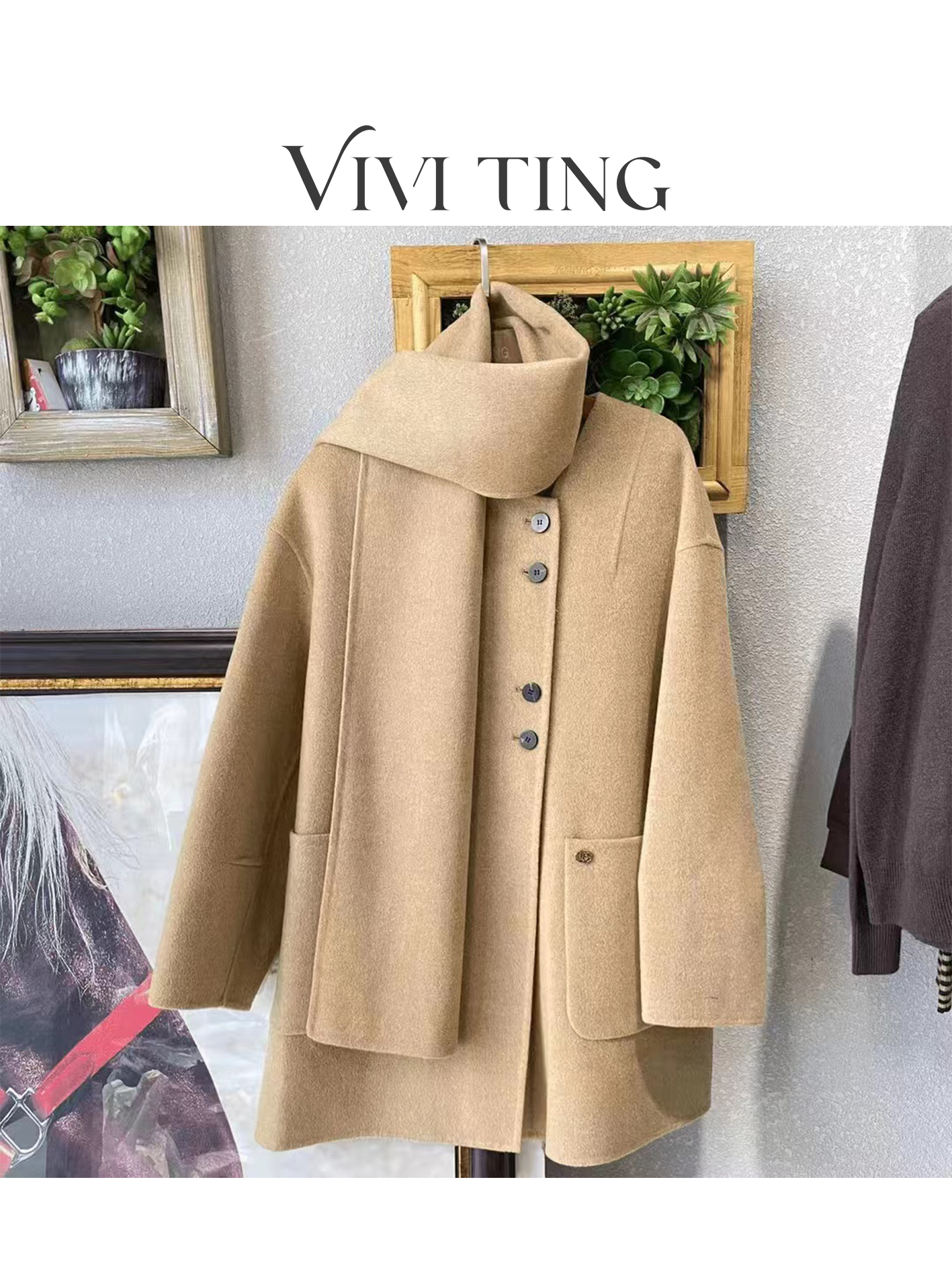 【VIVI·TING】婷姐推荐秋冬季高级感中长款单排扣带围巾大衣F293