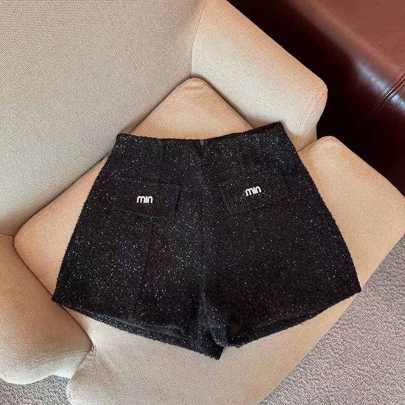 6267#冬季法式小香风毛呢细闪高腰短裤女气质优雅秋冬ins外穿短裤