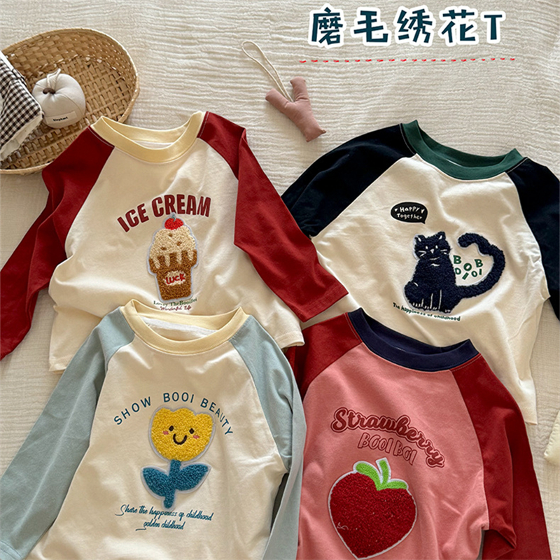 男女童撞色纯棉长袖T恤春秋季新款儿童宝宝上衣毛巾绣卡通打底衫