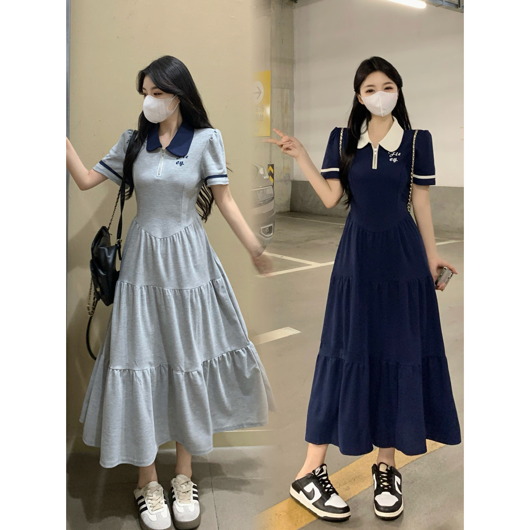 大码微胖女生显瘦连衣裙夏季时尚高腰翻领A字裙学院风减龄长裙子