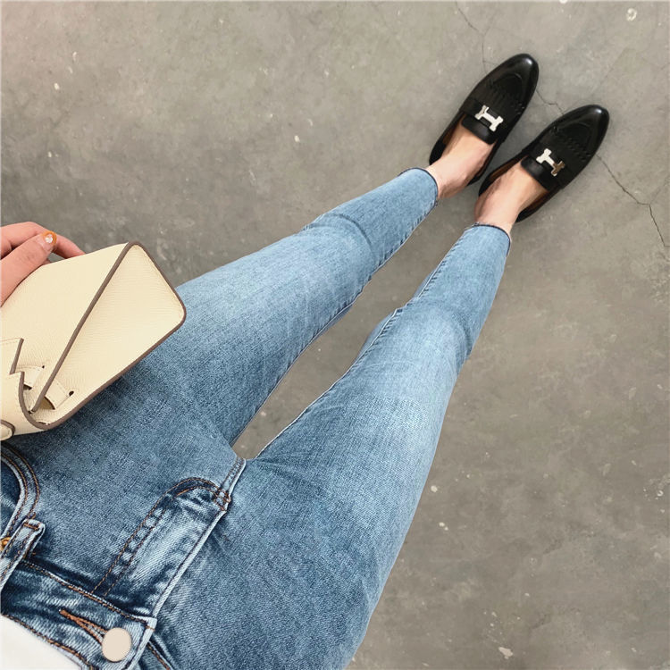 浅蓝色灰色修身牛仔裤女九分裤加绒胖高腰显瘦百搭小脚裤女