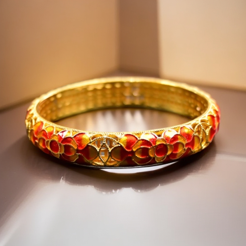 铜合金珐琅手镯 景泰蓝 繁花珐琅手镯 内刻金钱纹