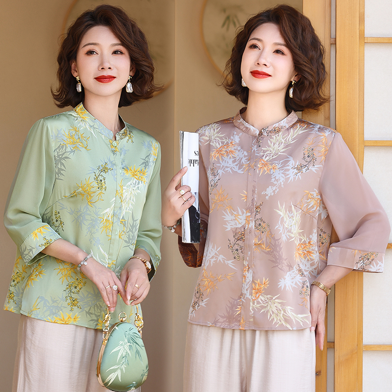 2024新中式气质洋气夏季印花复古七分袖小衫中老年时尚妈妈装薄款