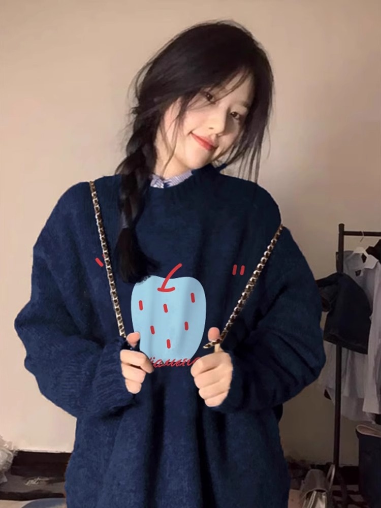 韩系藏蓝色套头毛衣女秋冬氛围感小众慵懒风宽松针织长袖圆领上衣