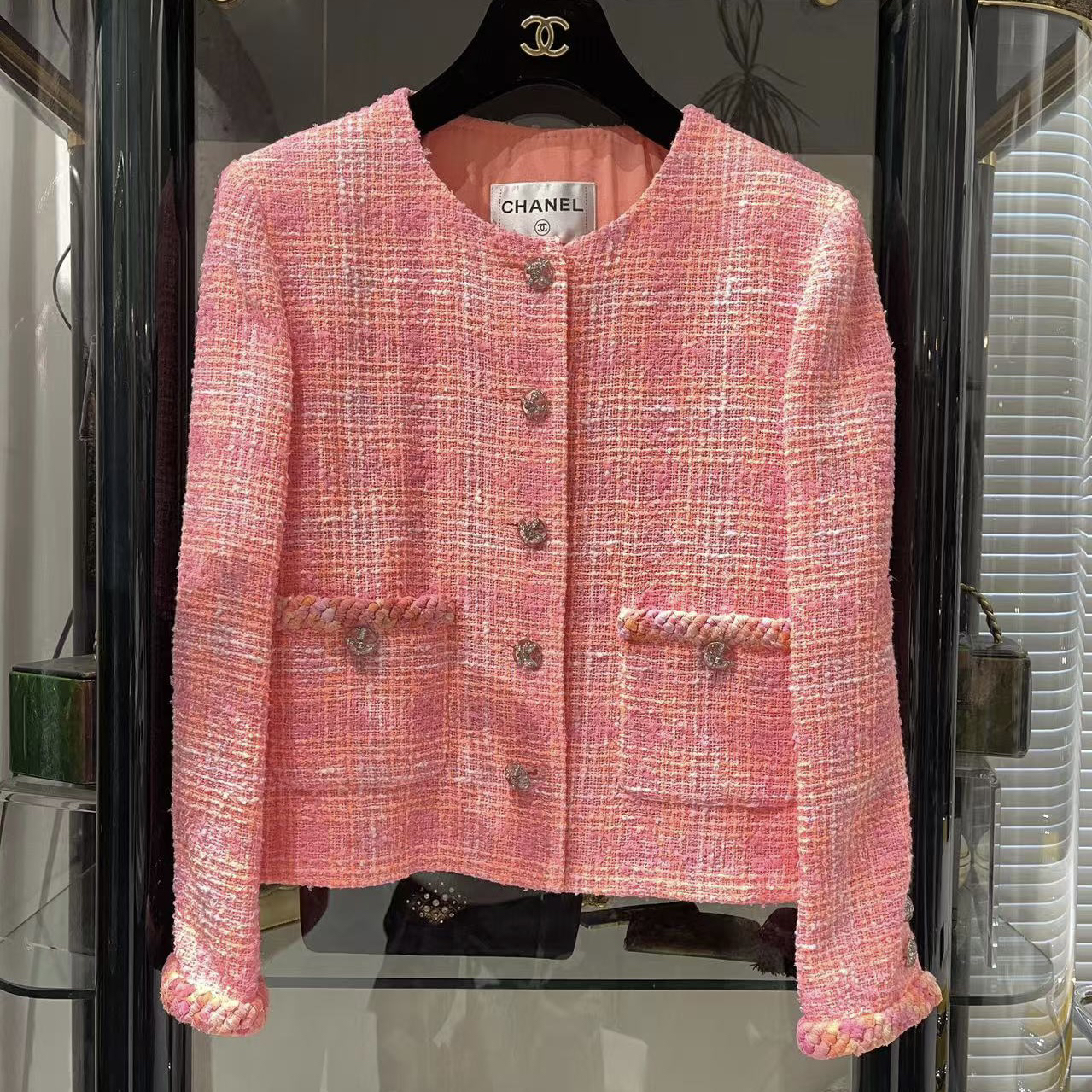 95新 Chanel/香奈儿 24C 粉色圆领两口袋外套36码