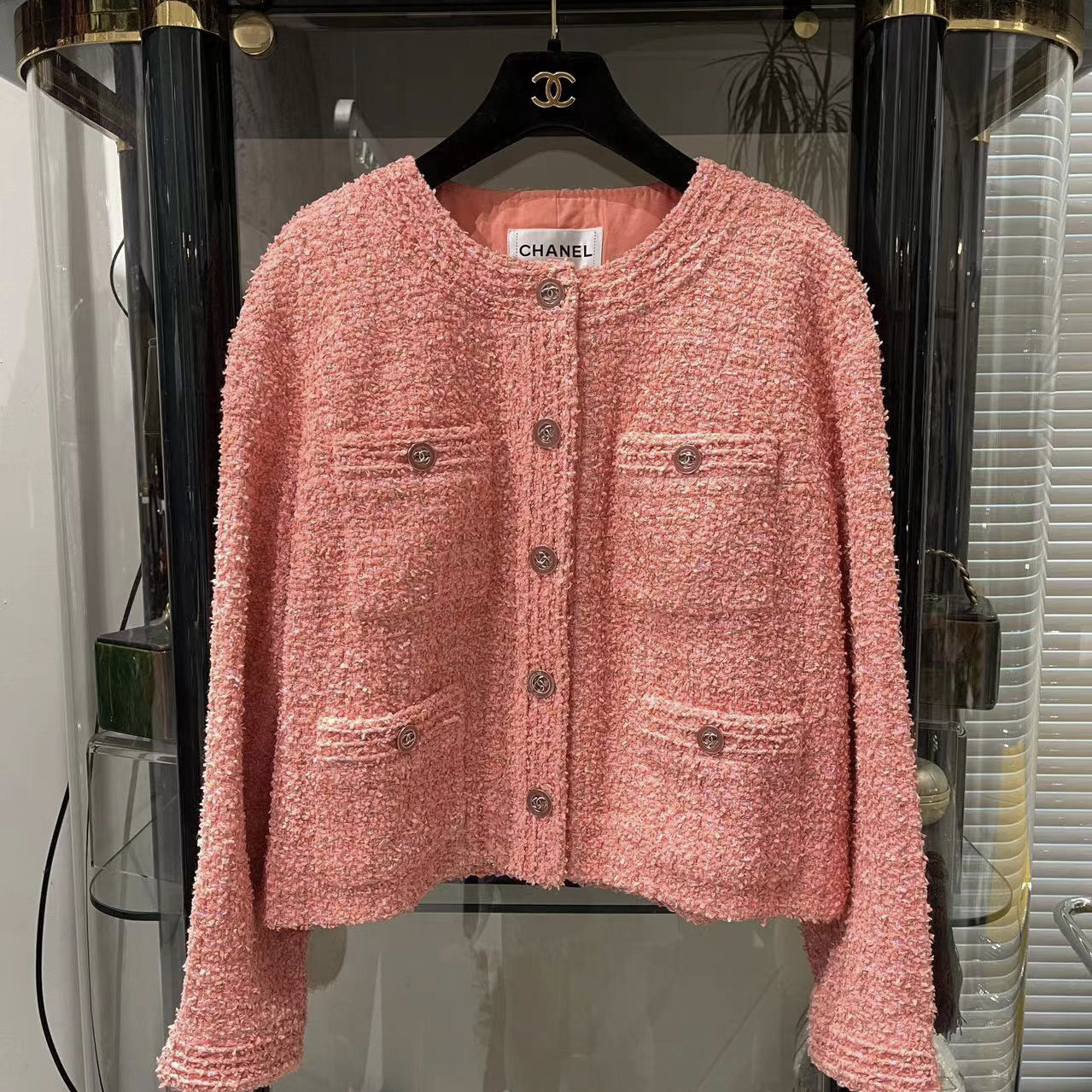 95新 Chanel/香奈儿 20S 粉橘色人鱼细闪圆领四口袋外套40码