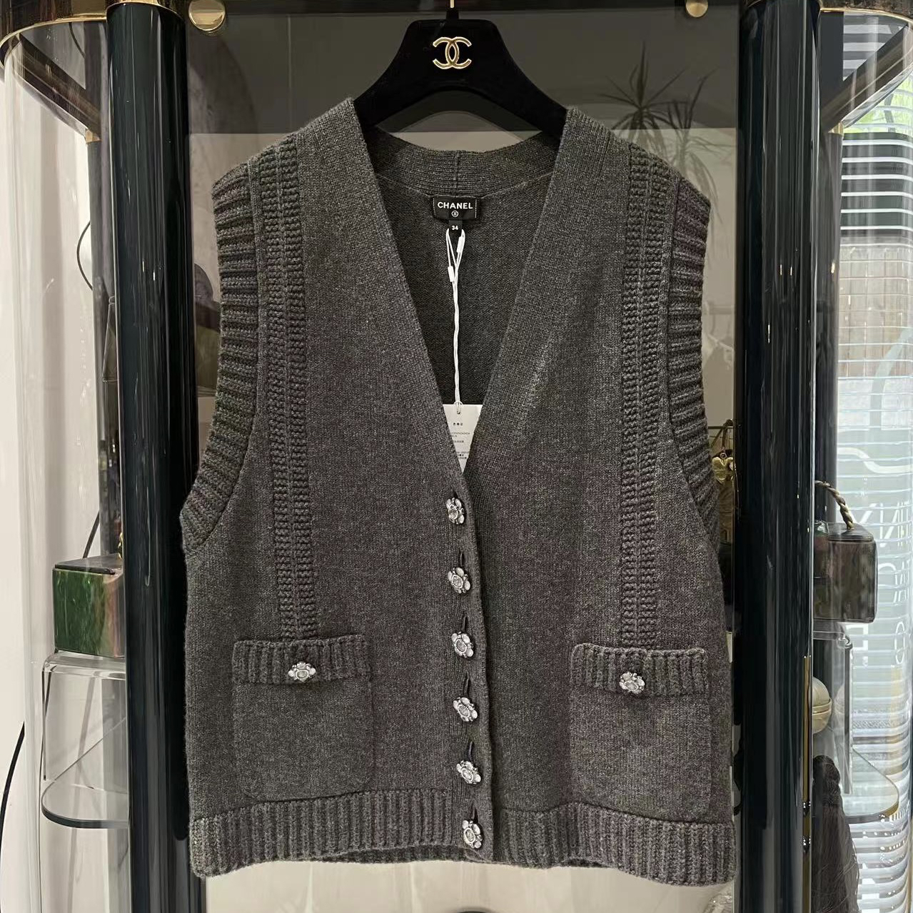 95新 Chanel/香奈儿 24A 灰色英伦风羊绒马甲34码偏大