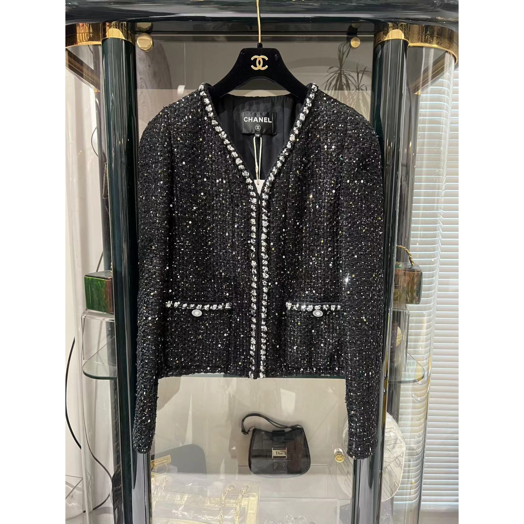 95新 Chanel/香奈儿 22P 黑银 细闪 两口袋 编织 外套 38码