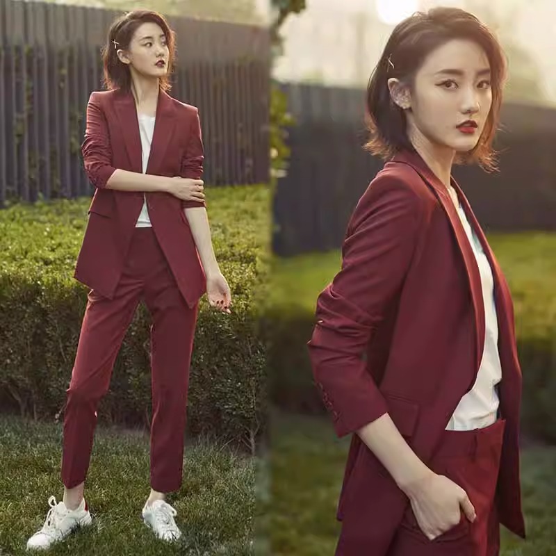 酒红色西装套装女干练气质女神范职业正装高端小个子高级感两件套