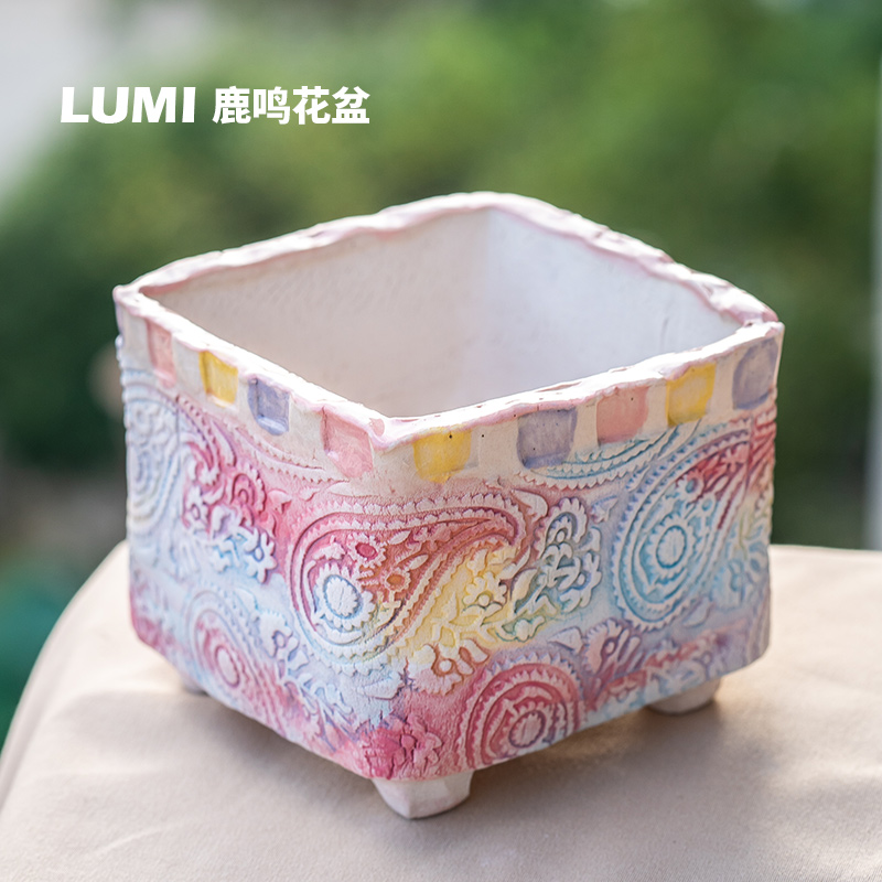 一卌2021秋季新品大口径幻彩手捏方口透气吸水景德镇多肉绿植花盆