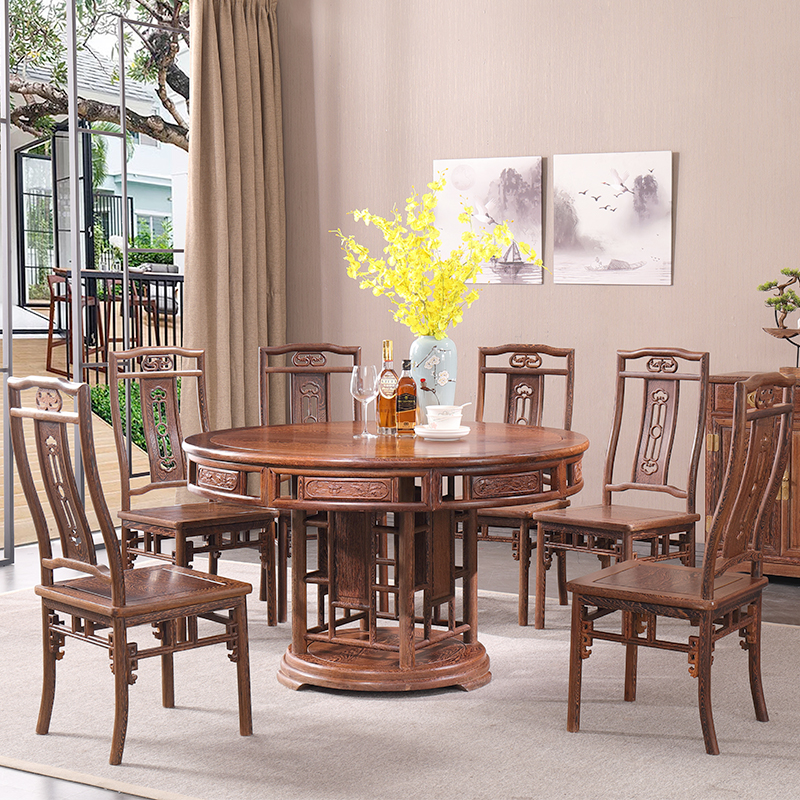 鸡翅木圆餐桌 家用饭桌 新中式家具圆形餐桌椅组合带转盘
