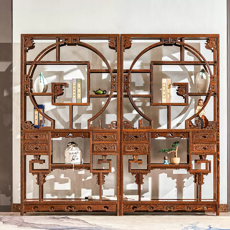 红木家具鸡翅木五福博古架实木中式客厅隔断