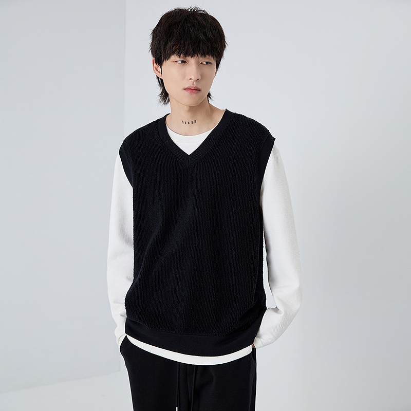 RS流石男装高端时尚黑色针织马甲V领新款秋冬季男士宽松无袖背心