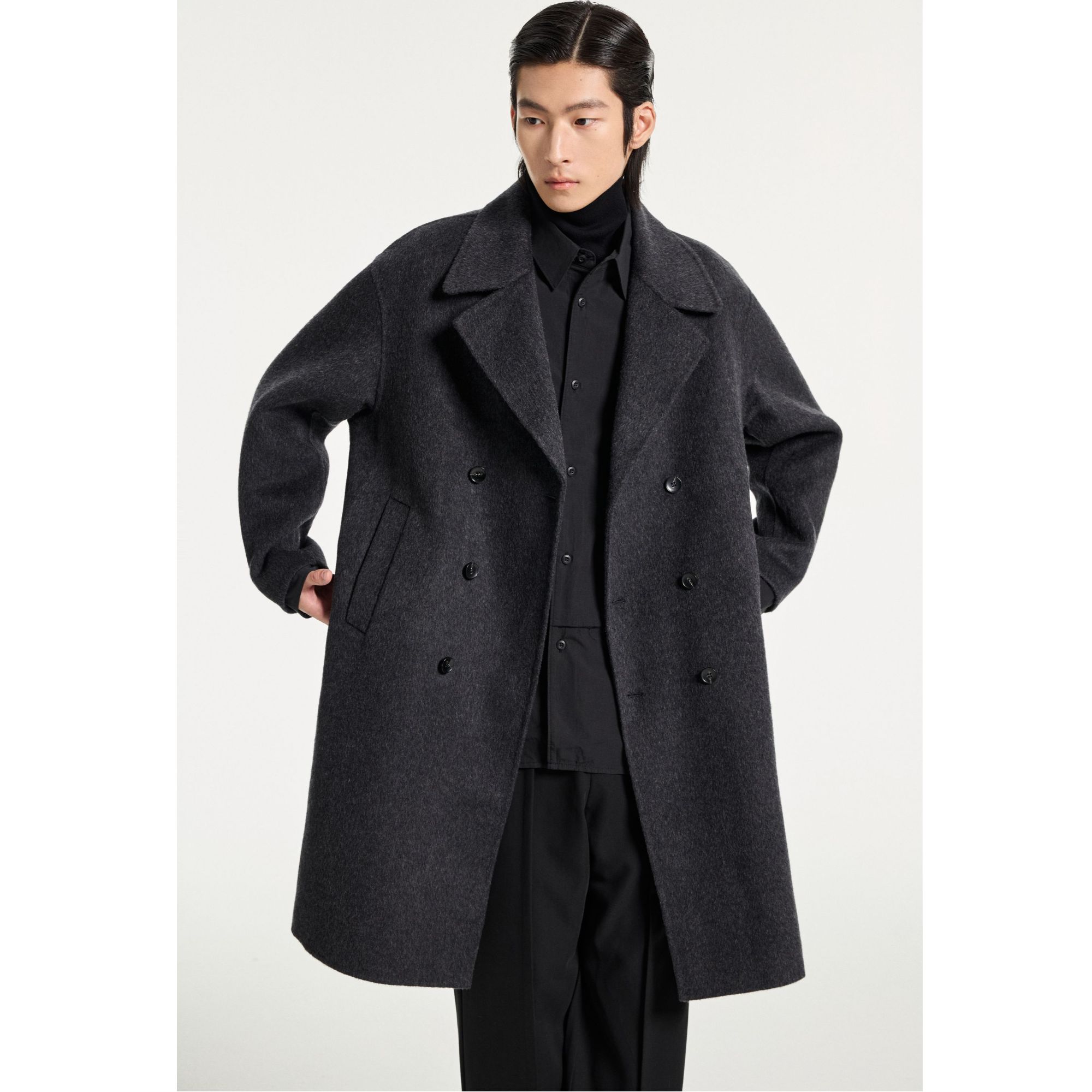 流石男装羊毛时尚长款毛呢大衣2025年新款冬季呢子宽松加厚外套