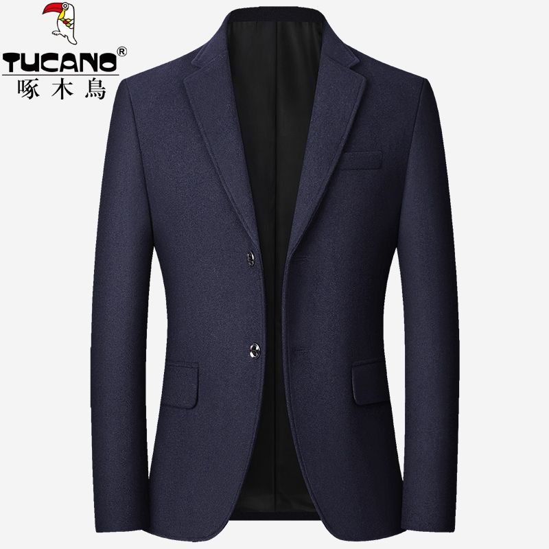 啄木鸟秋冬季新款中年男士西装羊毛呢商务休闲西服上衣爸爸外套男
