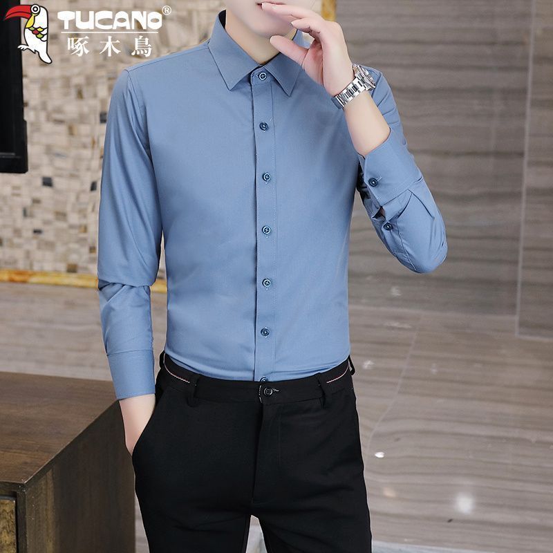 啄木鸟男士长袖灰色衬衫2023秋季新款商务正装寸衫免烫高级衬衣男