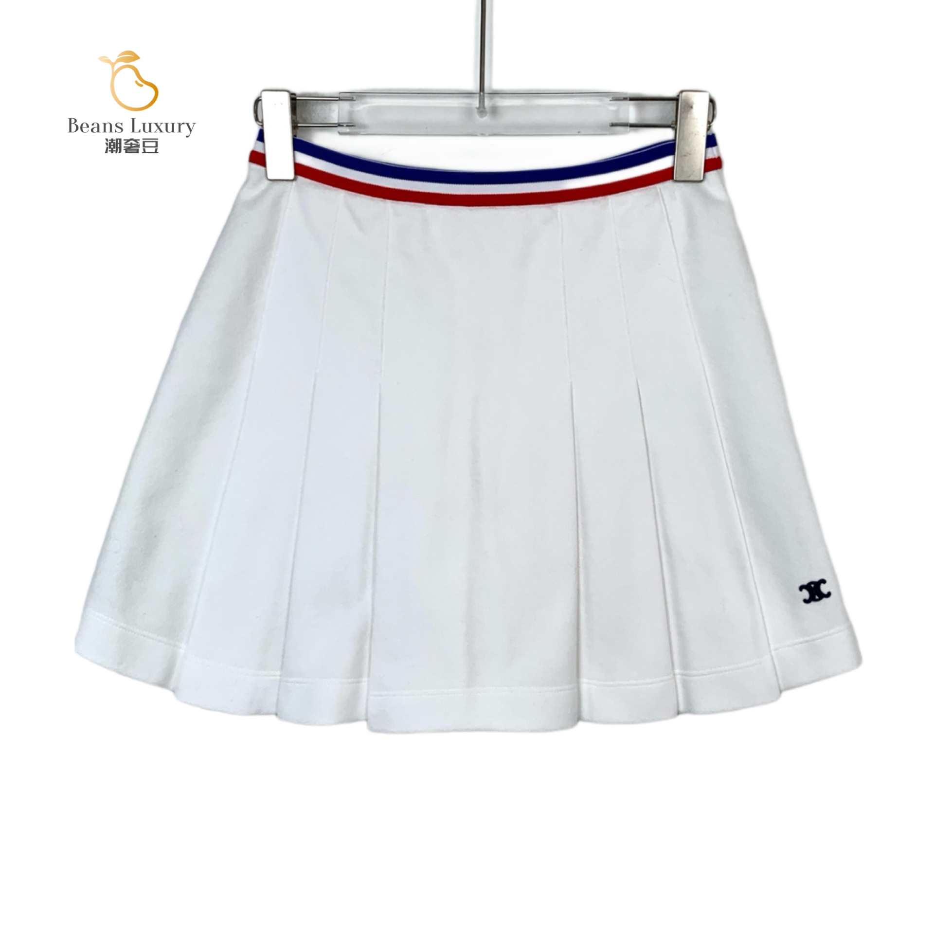 99新 Celine/思琳 潮奢豆 严选/白色logo刺绣棉质百褶短裙/H9727