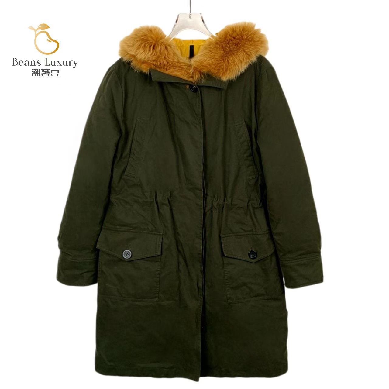 99新 MONCLER 军绿色皮草连帽羽绒服大衣/013125