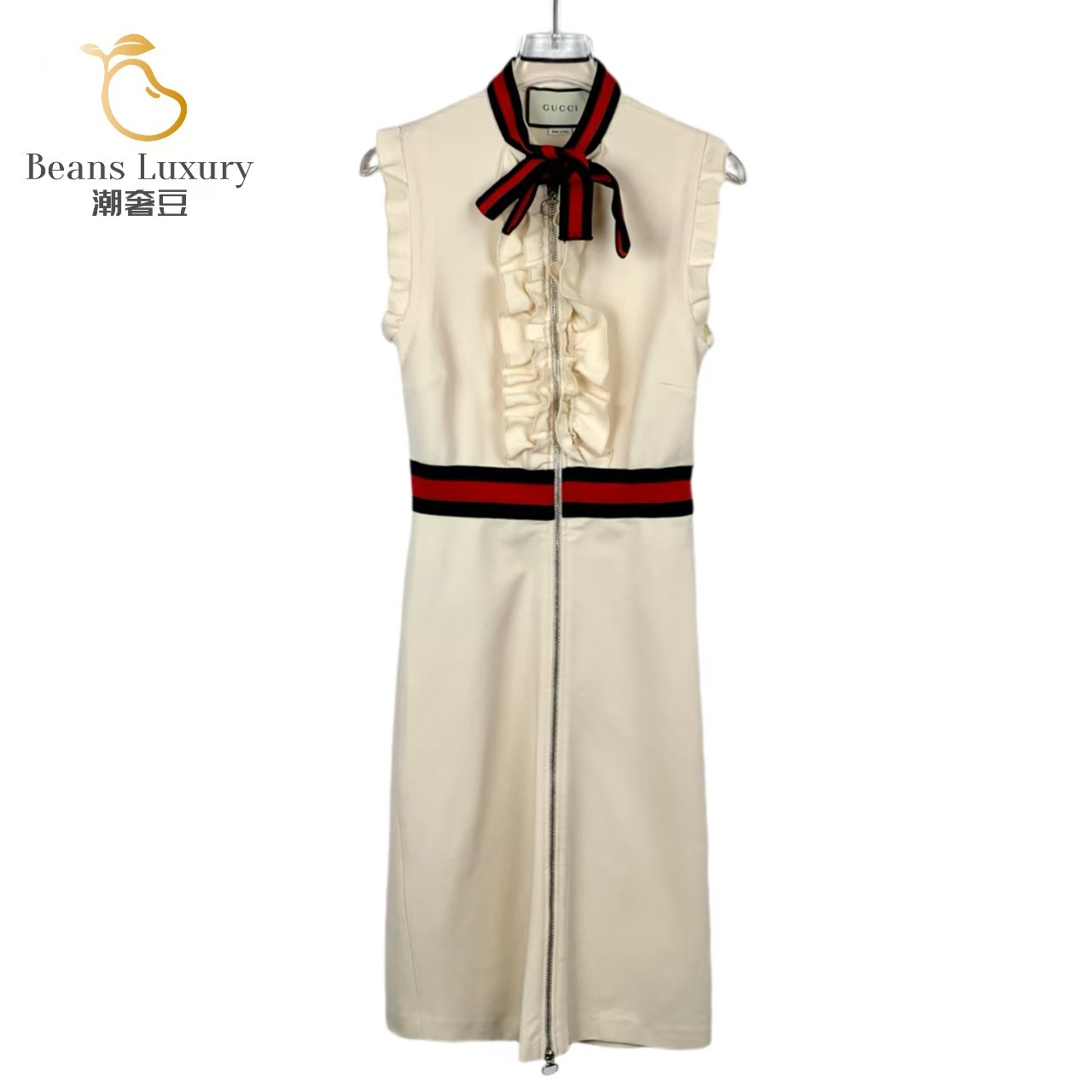 99新 GUCCI/古驰 米白色蝴蝶结系带无袖连衣裙/018599