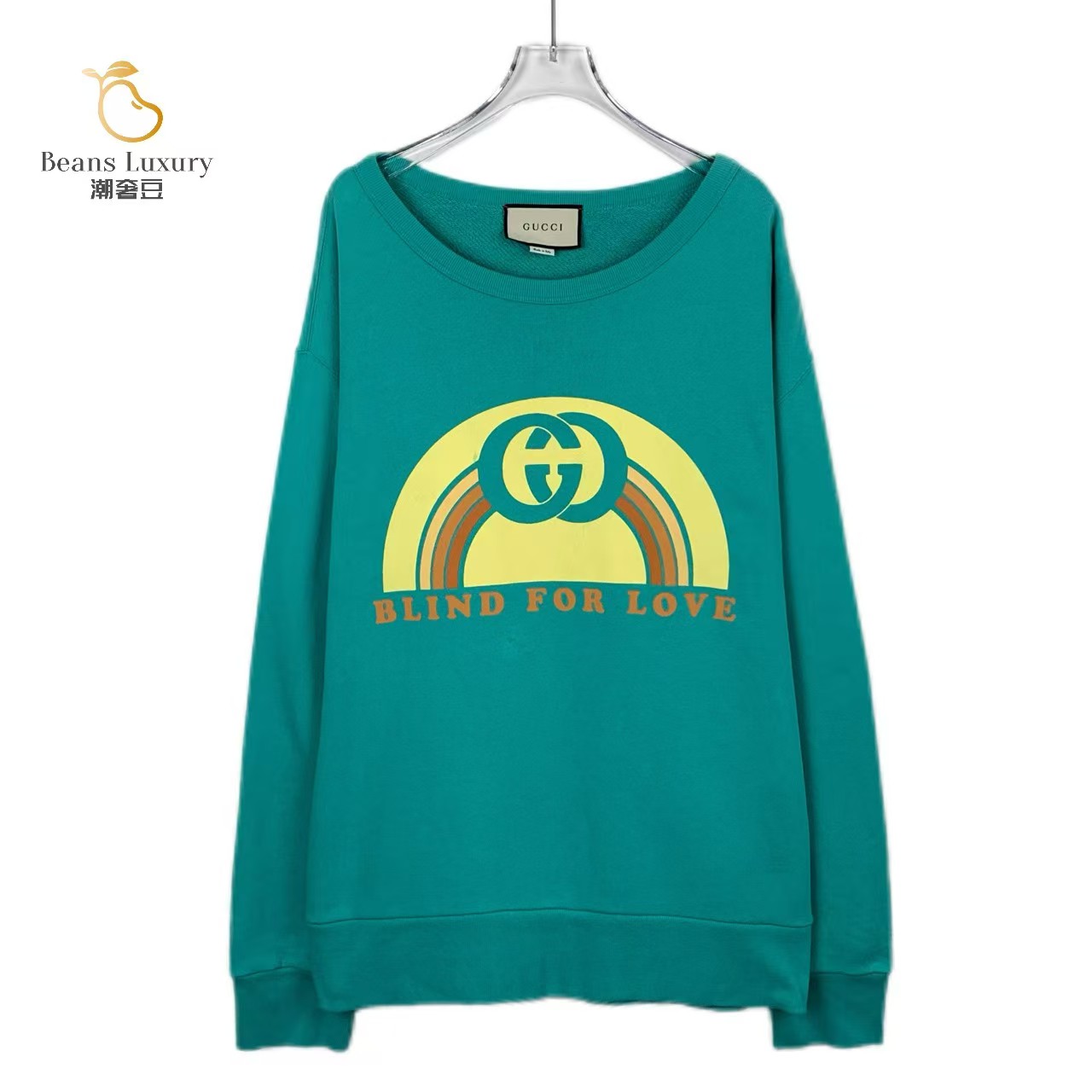 95新 GUCCI/古驰 潮奢豆 严选/湖绿色logo印花棉质卫衣/016218