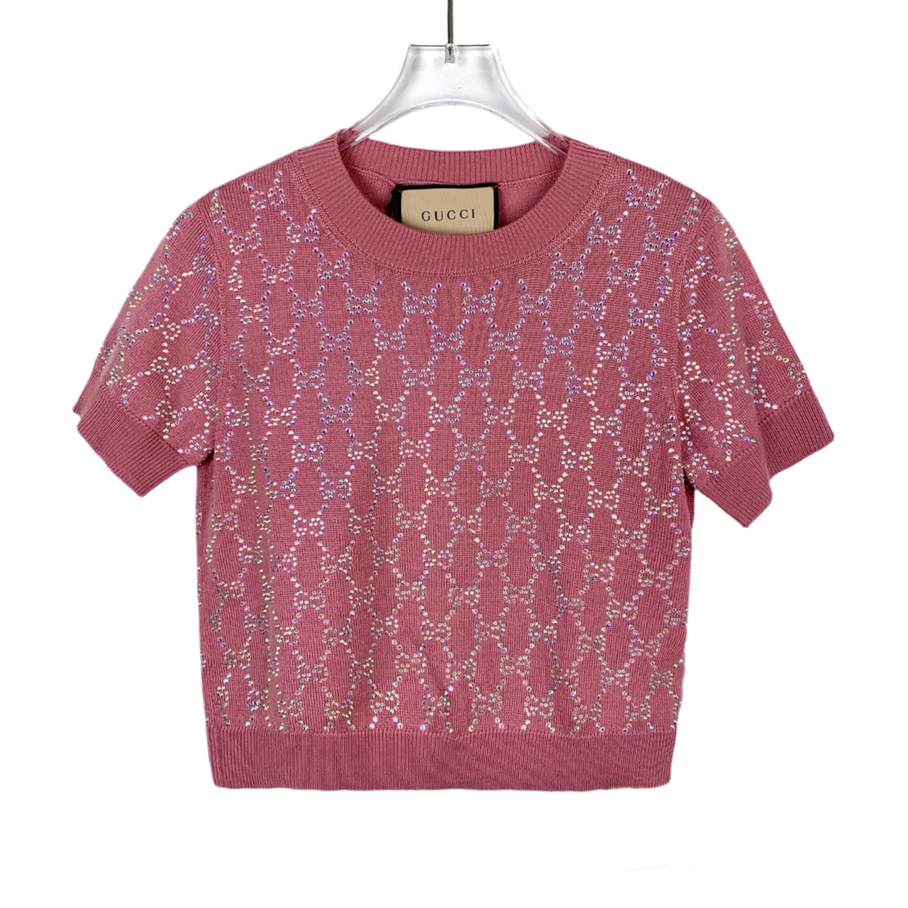 全新未使用 GUCCI/古驰 老花满钻粉色圆领针织短袖/018106