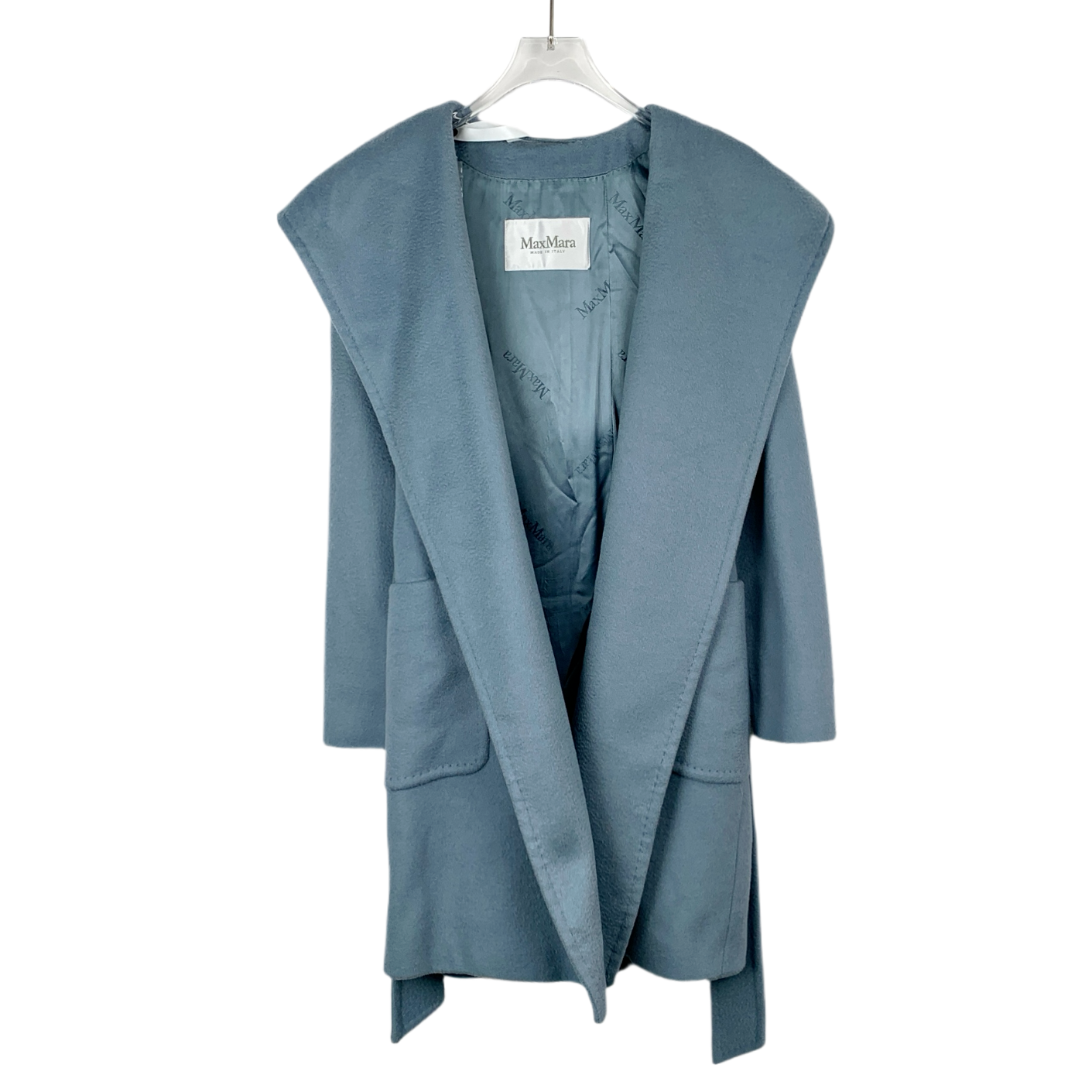 99新 MaxMara 蓝色连帽翻领腰带款羊绒外套/016396