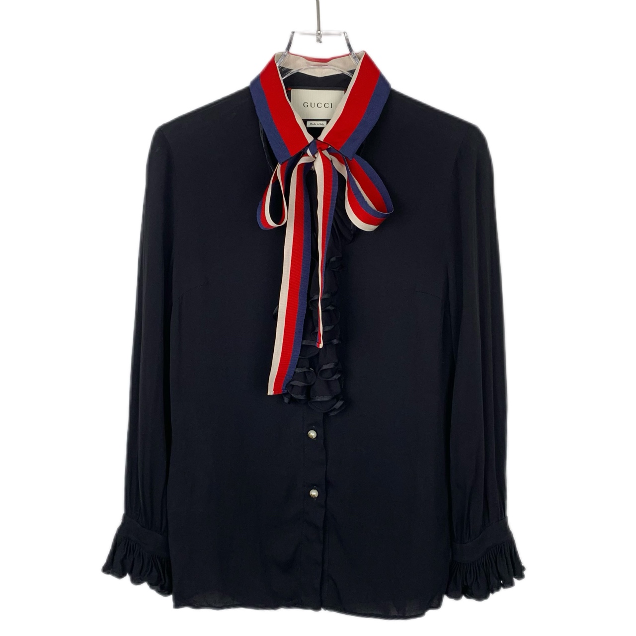 99新 GUCCI/古驰 双G扣饰条纹系带衬衫/014662 