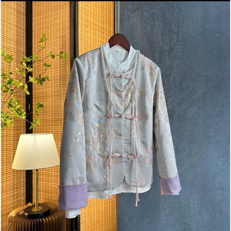 【桃粉念】外套春季新款中国风圆领提花新中式长袖女士上衣