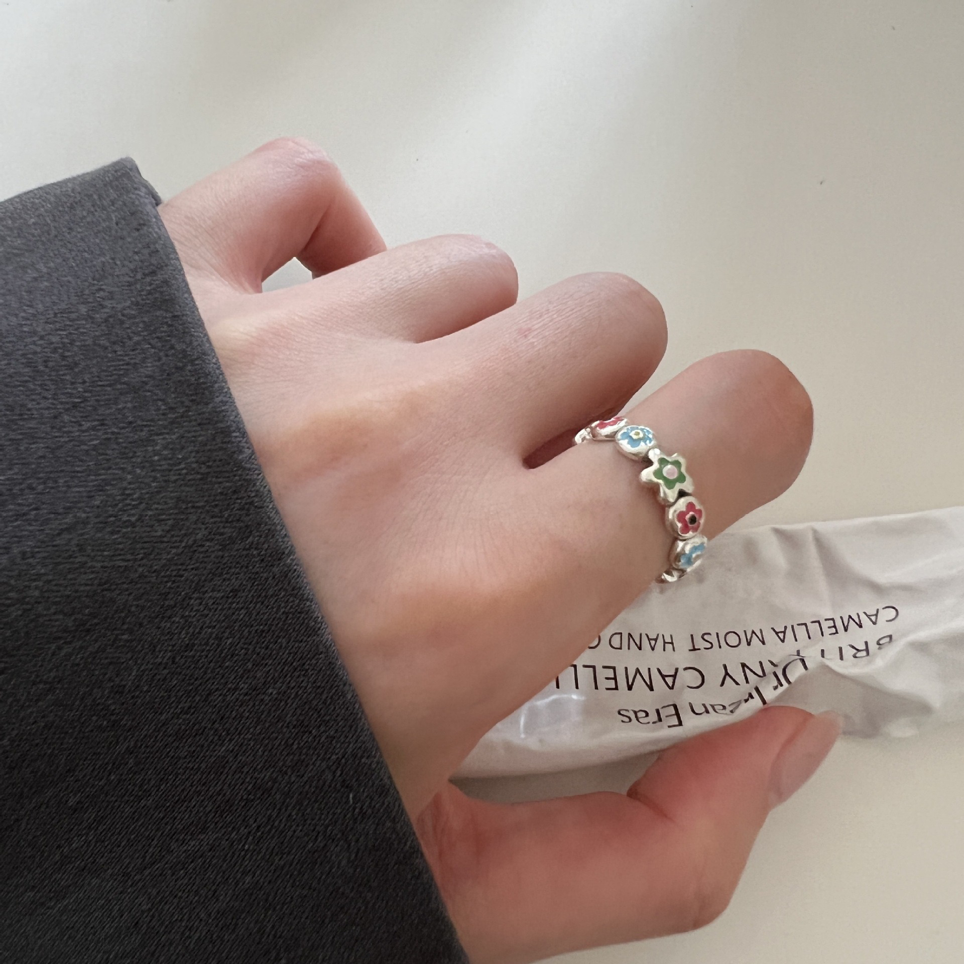 925银戒指 9-15港码滴油彩色花朵戒指小清新甜美气质时尚百搭可爱