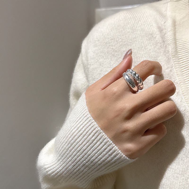 925银戒指 13-17港码双层拼接麻花开口戒指重工冷淡风轻奢ins百搭