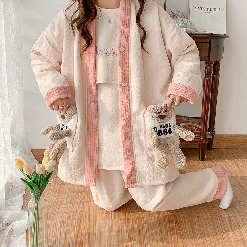 空气棉三件套月子服秋冬产后产妇喂奶哺乳孕妇睡衣开衫夹层家居服