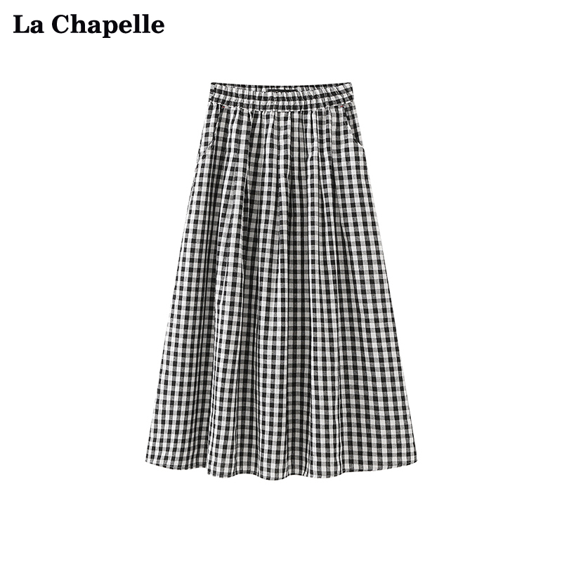 拉夏贝尔/LaChapelle格纹松紧腰半身裙女显瘦a字纯棉通勤中长裙