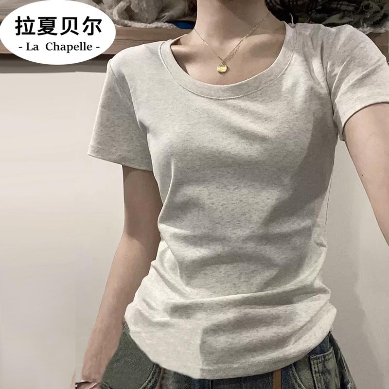 拉夏贝尔美式复古短袖正肩T恤女夏季显瘦修身辣妹短款紧身上衣设
