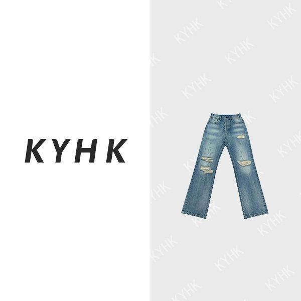 KYHK水洗做旧撕裂破洞直筒牛仔裤240330